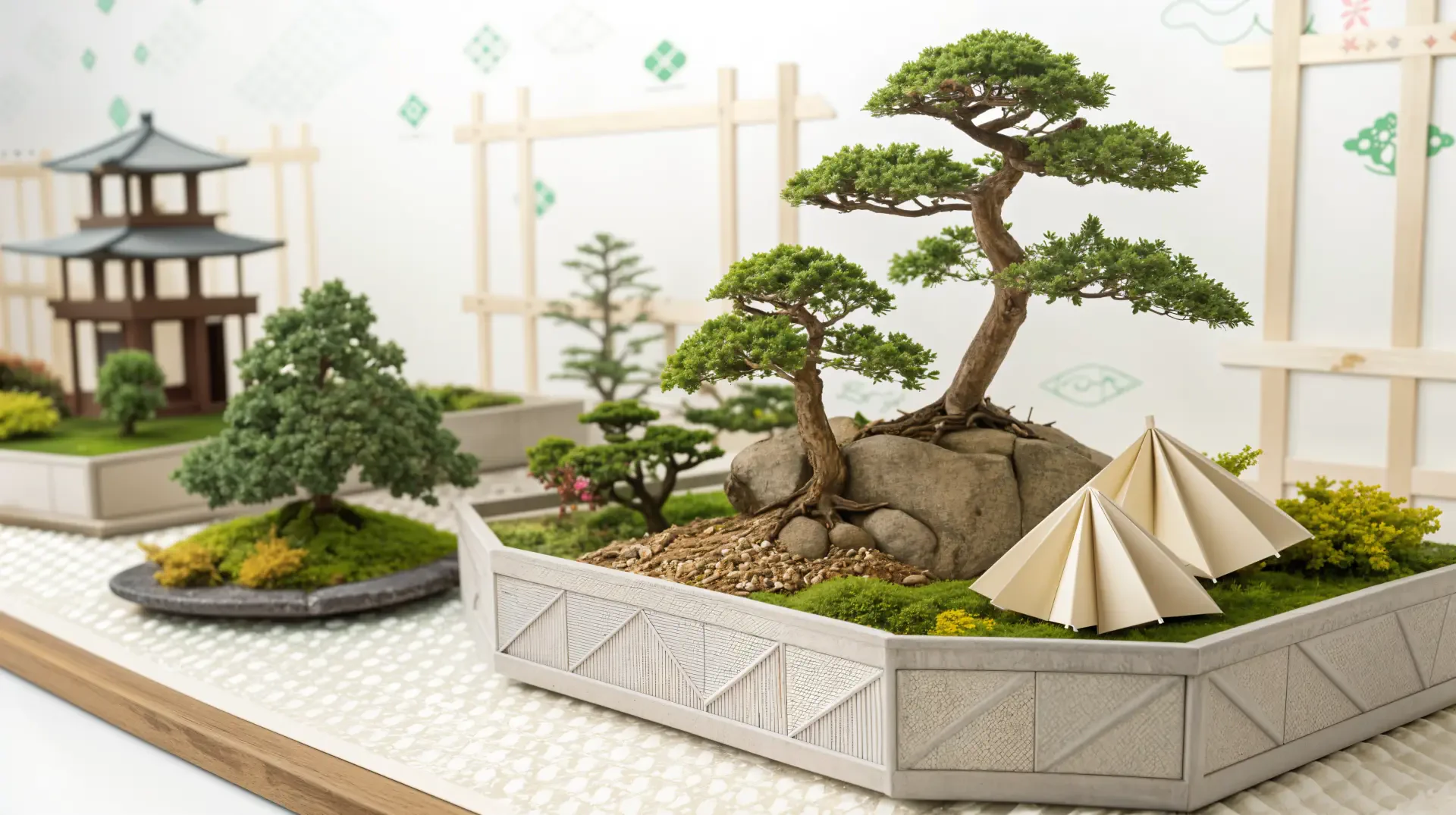 A detailed bonsai garden miniature featuring landscaped trees and a Zen garden setup with small tents, displayed as a 4K Ultra HD PC desktop wallpaper and background.