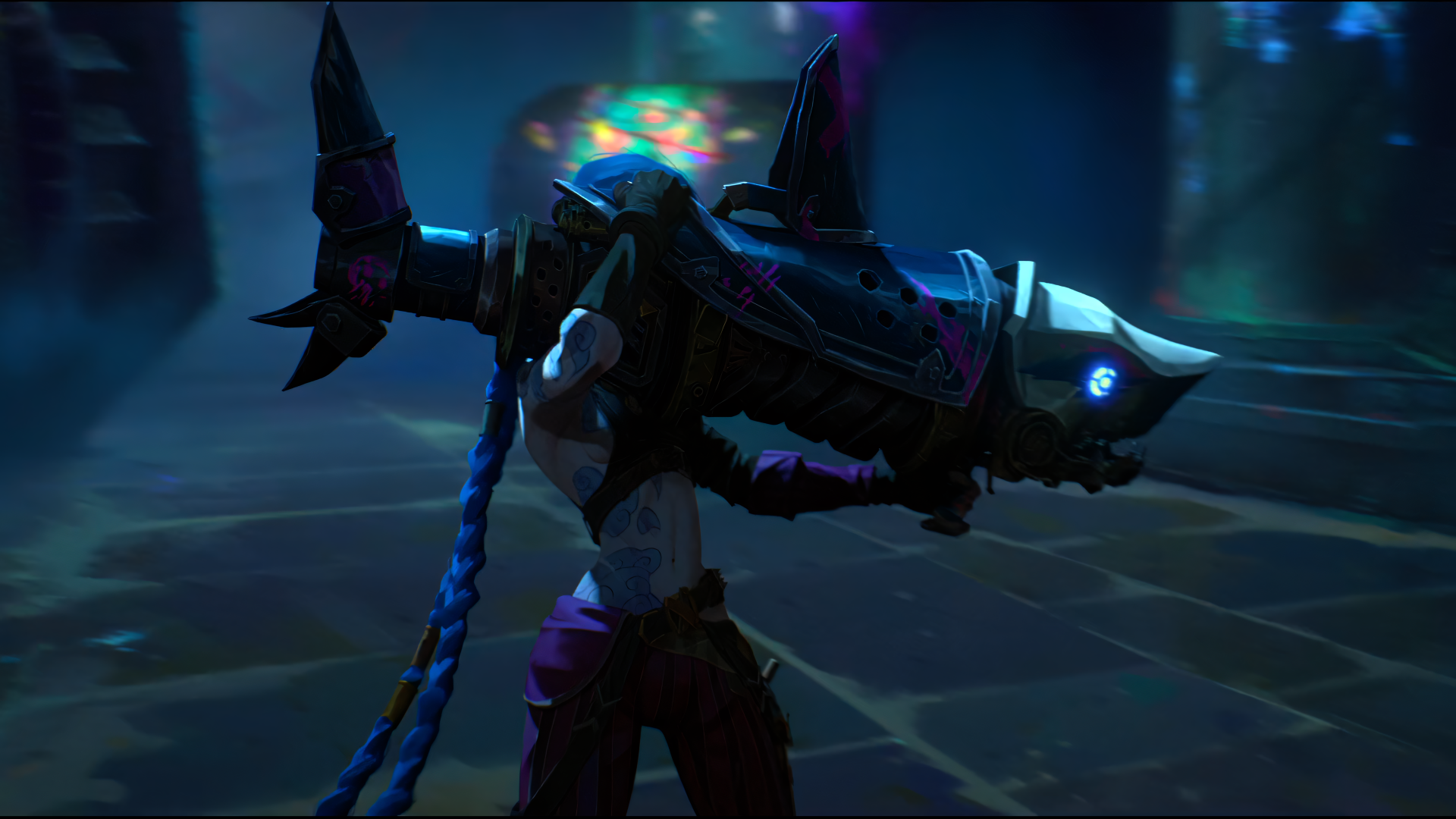 A dynamic 4K Ultra HD wallpaper featuring Jinx from the TV show Arcane, wielding her iconic weapon in a colorful, shadowy setting inspired by League of Legends.