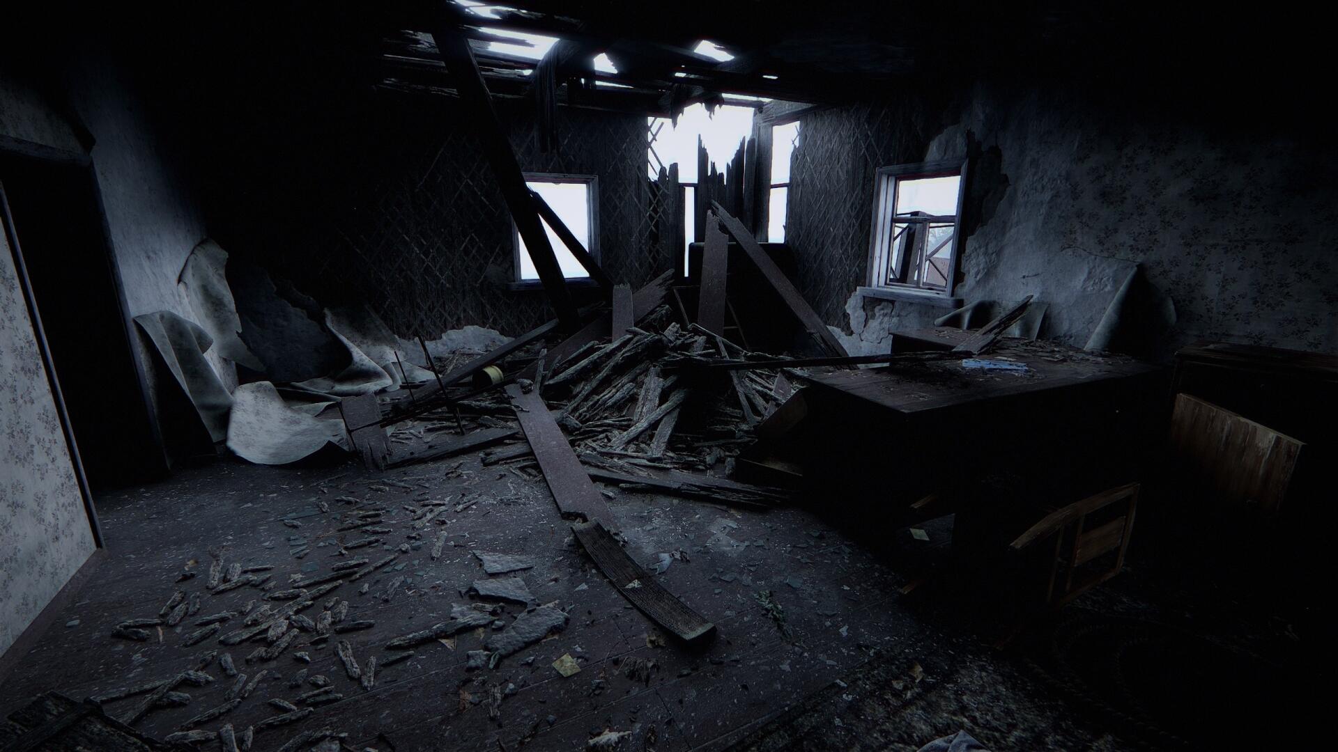 A dark, ruined interior of a building, featuring debris and broken furniture, reminiscent of the post-apocalyptic atmosphere in S.T.A.L.K.E.R. 2: Heart of Chernobyl. HD wallpaper.