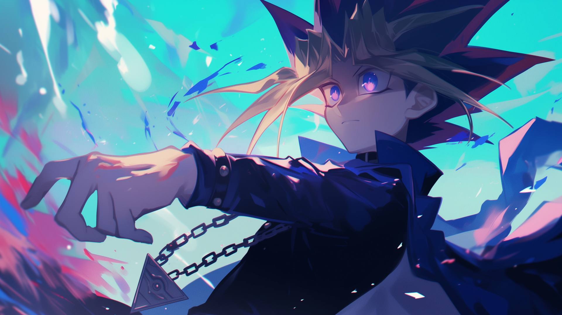 A dynamic HD wallpaper featuring Yugi Mutou from Yu-Gi-Oh!, showcasing his iconic spiky hair and intense expression against a vibrant, colorful background.