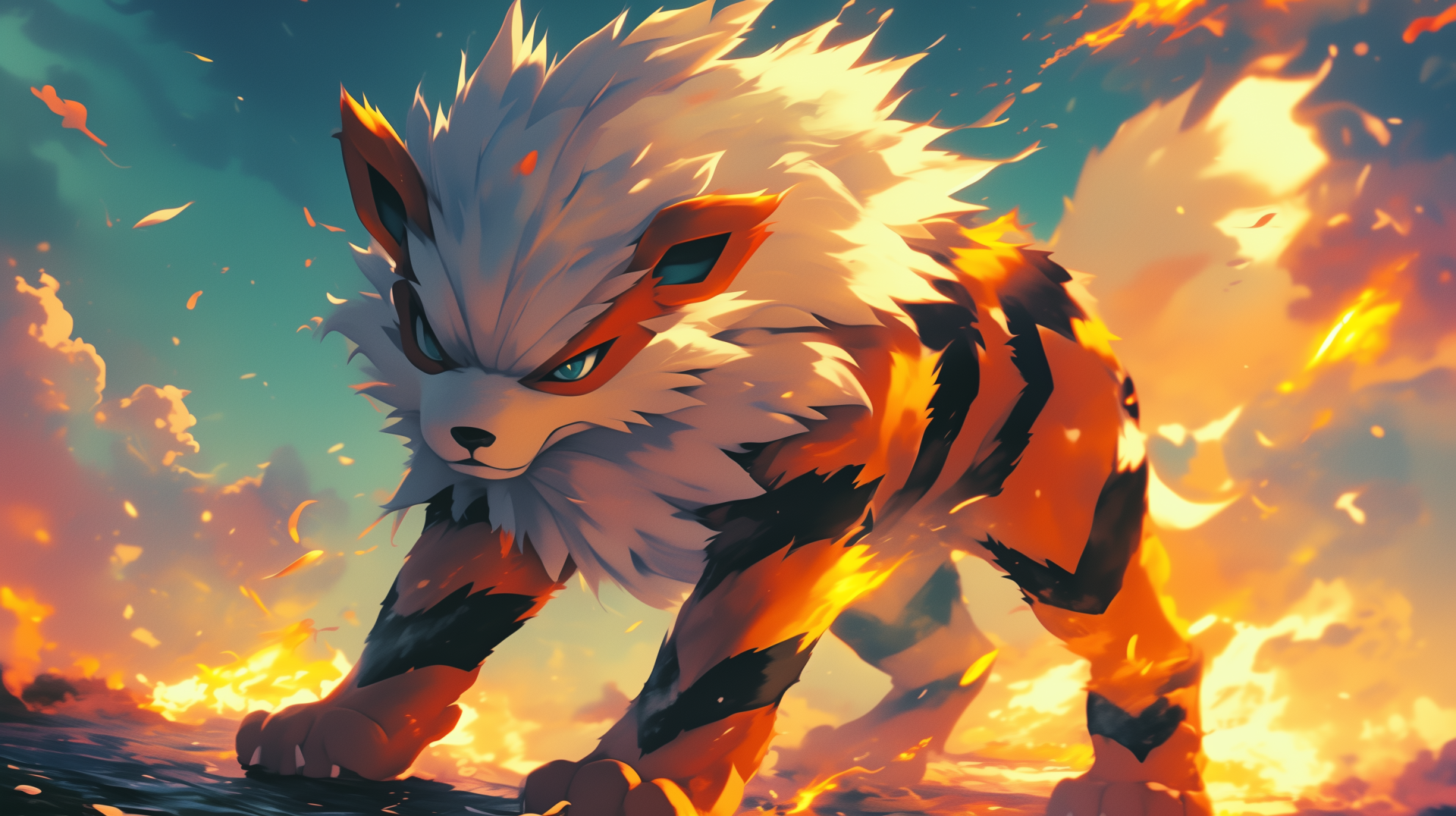A vibrant HD desktop wallpaper featuring Arcanine from Pokémon, showcasing its fierce expression and fiery orange and black fur against a dramatic, fiery background.