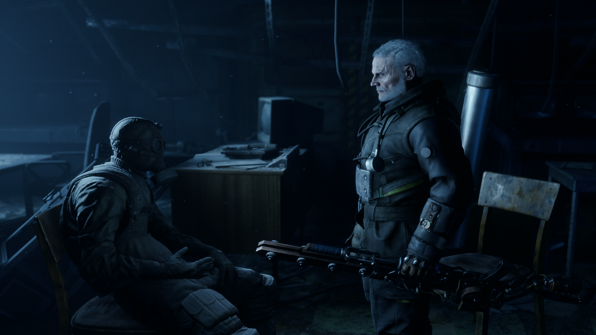 Metro Exodus Honor and Glory HD PC wallpaper: armored soldier stands holding a heavy weapon while another crouches in a dark, cluttered bunker-like room.