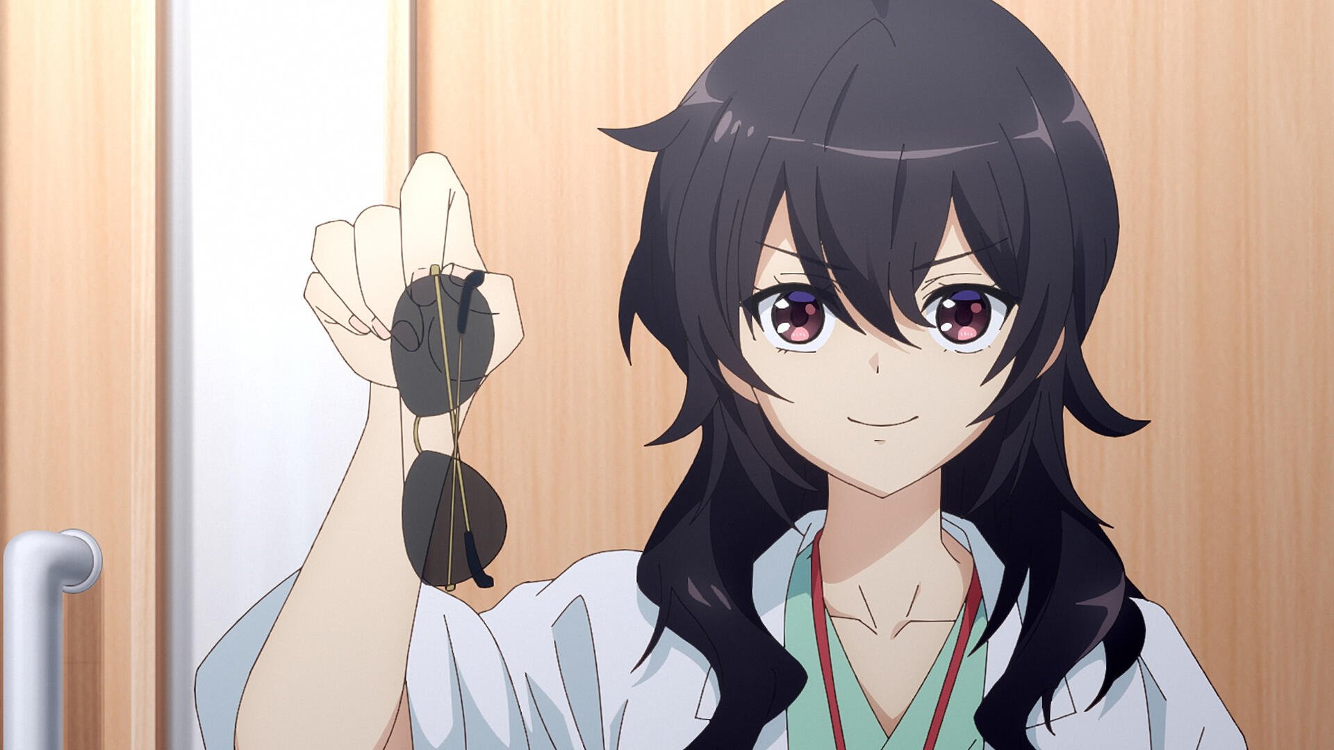 A character from the anime Ameku M.D.: Doctor Detective, Takao Ameku smiles while holding sunglasses, set against a warm wooden background. High-definition wallpaper image.