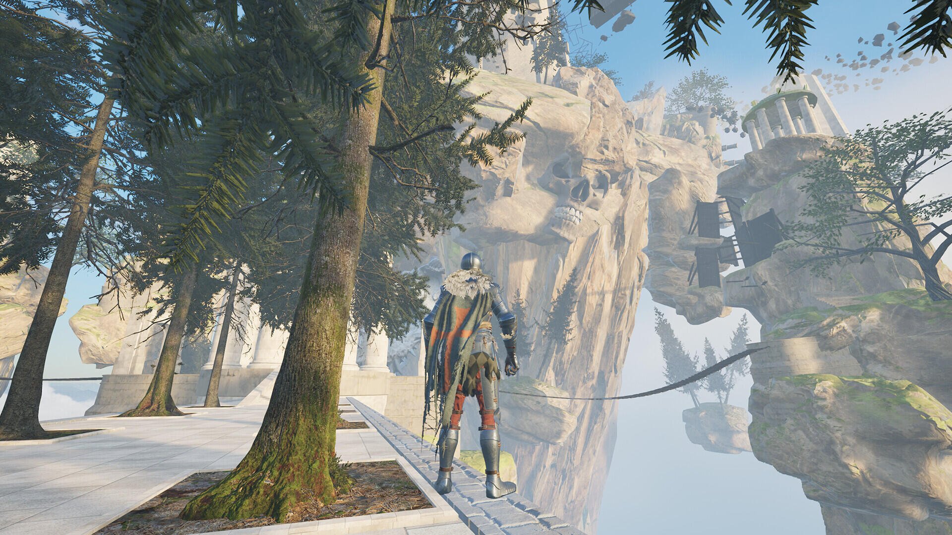 A character stands on a pathway surrounded by trees, gazing at a surreal landscape in the video game Only Up: Lizards Must Fall. An engaging HD wallpaper for PC desktops.