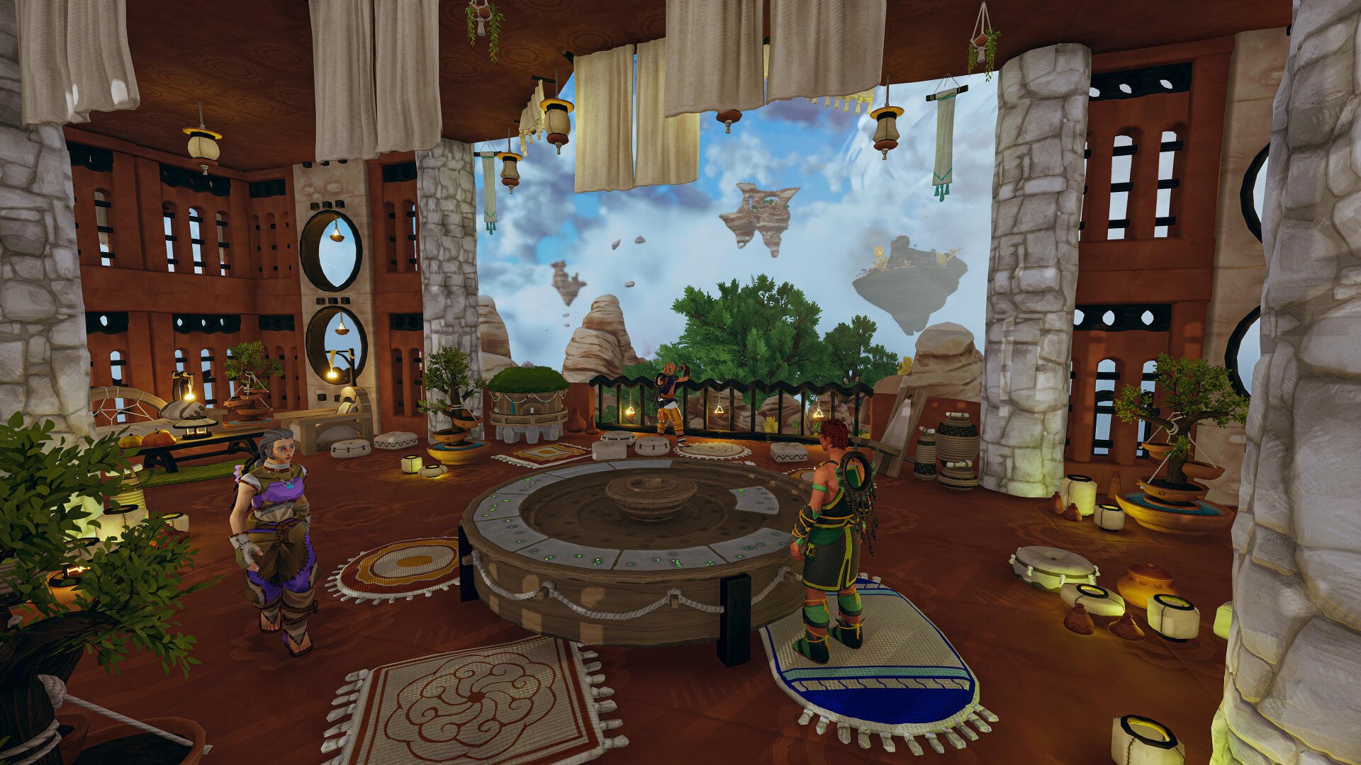 Aloft video game scene featuring a detailed indoor room with ornate furniture and large openings revealing floating islands in the sky. 4K Ultra HD PC desktop wallpaper.