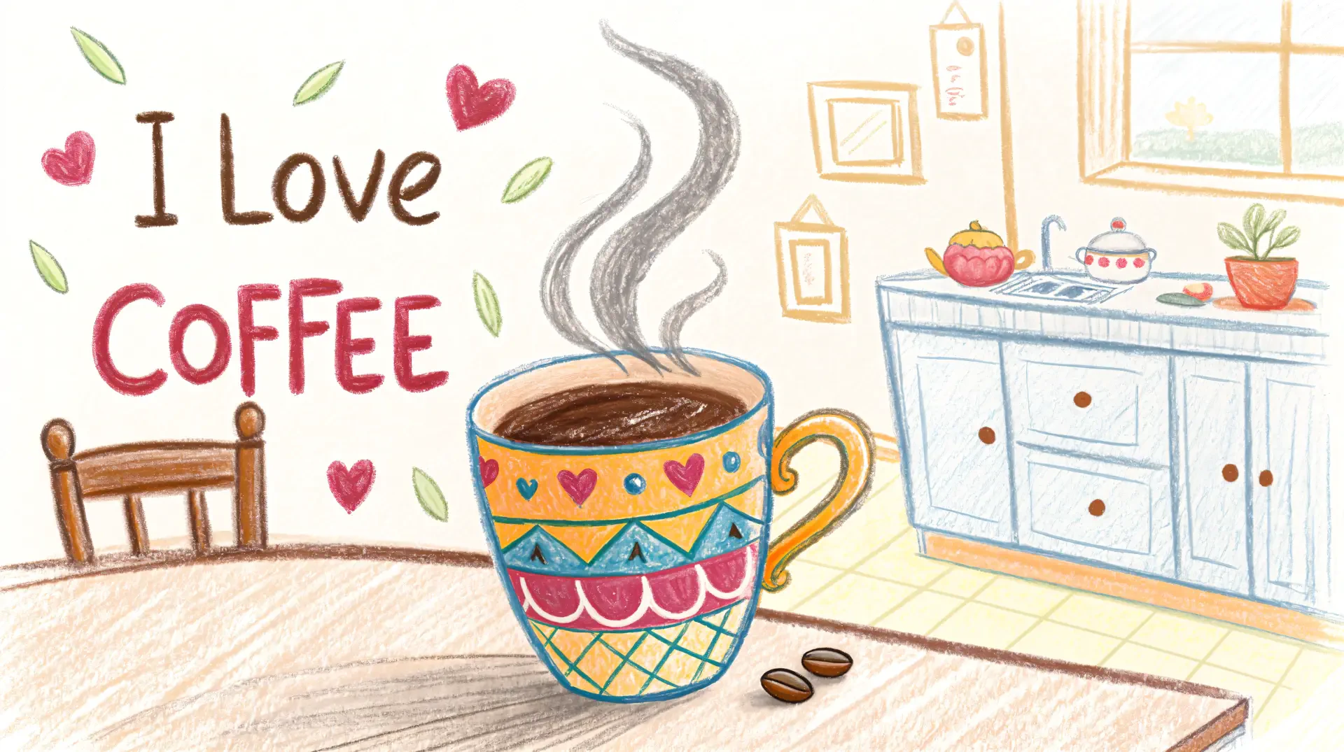 A colorful coffee cup with steam rising on a kitchen table, accompanied by I Love Coffee text and hearts, in a 4K Ultra HD PC desktop wallpaper design.