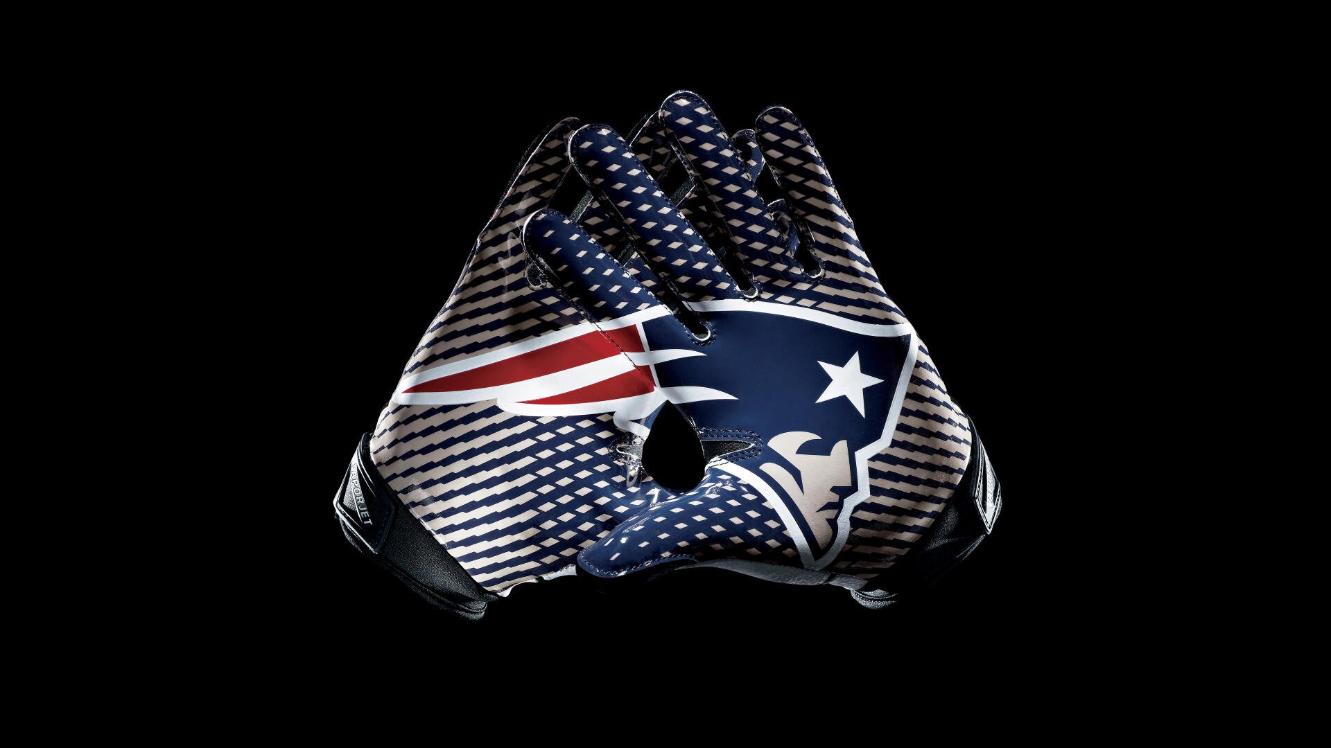 An impressive 8K Ultra HD wallpaper featuring a New England Patriots football glove, showcasing the team's colors and logo against a sleek black background.