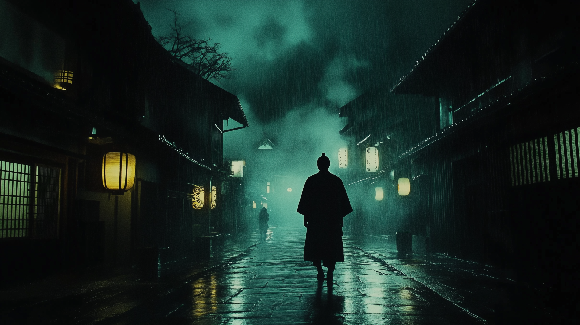 A serene, dark street in a Japanese town, illuminated by glowing lanterns, reflects rain on the cobblestone path, creating an atmospheric and mysterious ambiance.
