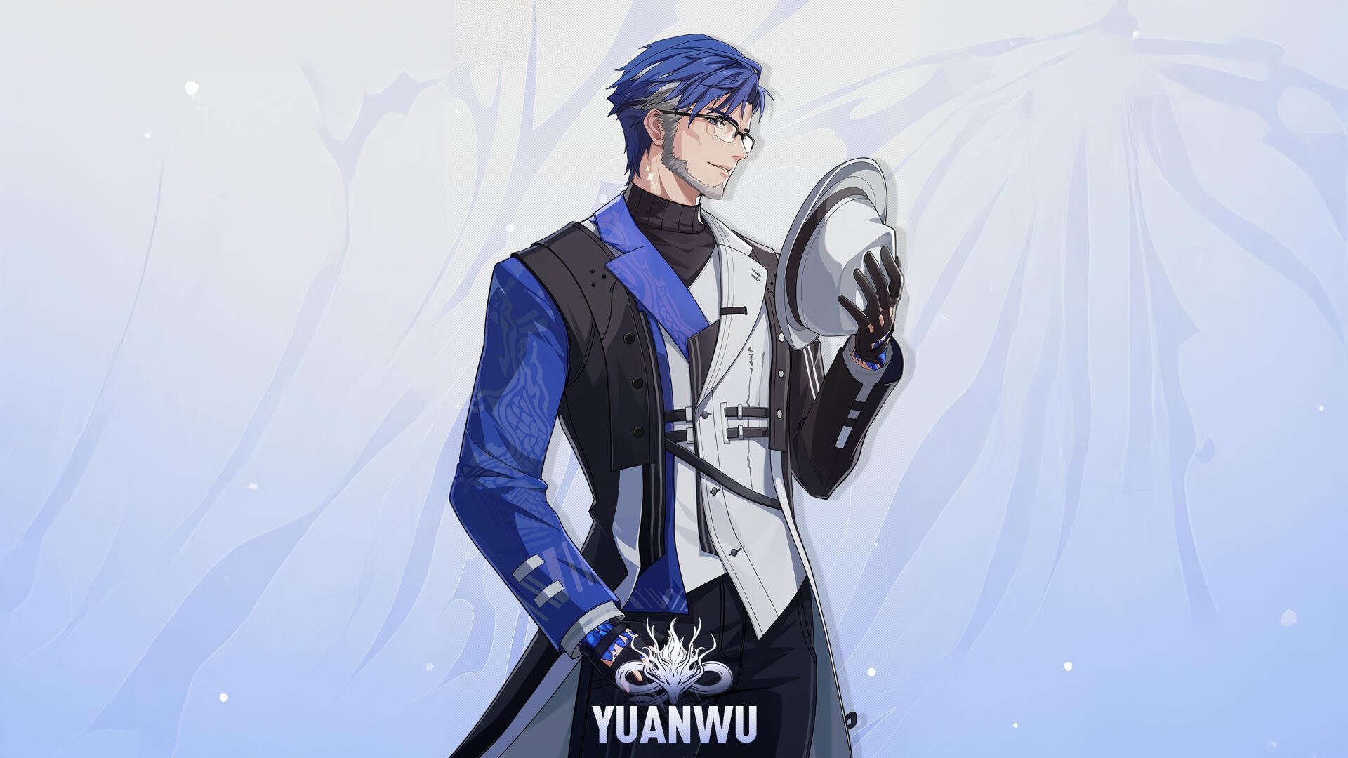 An 8K Ultra HD wallpaper featuring Yuanwu from the video game Wuthering Waves, showcasing a stylish character with blue hair and a striking outfit against a soft background.