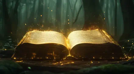 A glowing spellbook rests in a mystical forest, surrounded by golden sparkles, creating an enchanting atmosphere in this fantasy-themed 4K Ultra HD wallpaper.