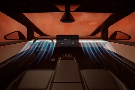 A sleek interior view of the Tesla Cybertruck, showcasing a modern dashboard and futuristic design elements against a striking backdrop. 4K Ultra HD quality.