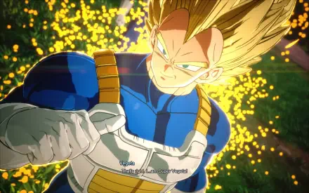 High-definition wallpaper featuring Vegeta in his Super Saiyan form from DRAGON BALL: Sparking! ZERO, surrounded by a vibrant backdrop of glowing flowers.