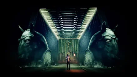 A dark and atmospheric HD wallpaper from the video game Shadow Of The Damned: Hella Remastered, featuring a lone character facing towering stone sculptures in a mysterious environment.