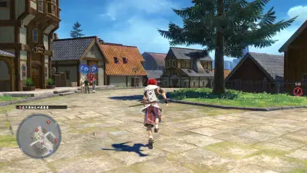 HD PC desktop wallpaper featuring a scene from the video game Ys X: Nordics, showcasing a character running through a village under a bright blue sky.