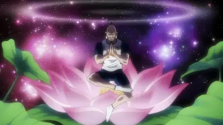 Isaac Netero from Hunter x Hunter meditating atop a glowing lotus flower, surrounded by cosmic lights in this 4K Ultra HD PC desktop wallpaper.