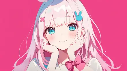 4K Ultra HD anime wallpaper featuring a kawaii anime girl with pink hair and bright blue eyes, resting her face in her hands against a vibrant pink background.