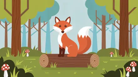 Cartoon fox sitting on a log in a vibrant forest, surrounded by woodland trees and mushrooms, rendered in 4K Ultra HD for a wildlife-themed PC desktop wallpaper.