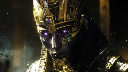 A striking 4K Ultra HD image of an Egyptian Pharaoh, featuring intricate gold detailing and glowing purple eyes, capturing a blend of ancient mystique and modern artistry.