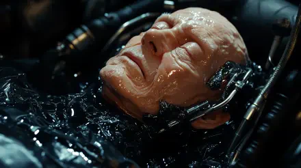 A sci-fi scene depicting a god emperor in a state of decline, surrounded by machinery. The detailed 4K Ultra HD image captures a striking blend of the organic and synthetic.