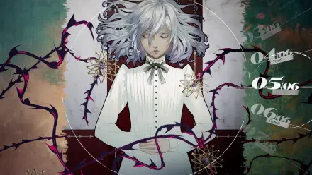 A serene character with flowing white hair is surrounded by thorny vines and geometric patterns in this HD wallpaper from the video game Metaphor: ReFantazio.