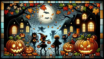 A vibrant Halloween scene features children in costumes, carved pumpkins, and autumn leaves under a full moon, creating a delightful 4K Ultra HD desktop wallpaper.