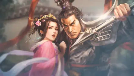An HD wallpaper featuring characters from the video game Romance of the Three Kingdoms 8 (Remake), showcasing a dramatic scene with a warrior and a woman in traditional attire.