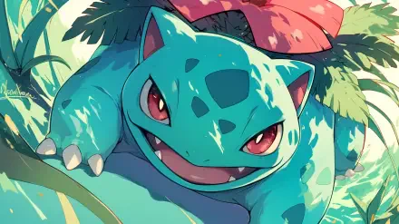 Vibrant HD wallpaper featuring Ivysaur from Pokémon amidst lush greenery, showcasing its characteristic blue-green body and striking red eyes. A charming addition for anime lovers.