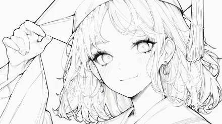 An anime girl in graduation attire smiles while adjusting her cap in this black and white 4K Ultra HD desktop wallpaper.