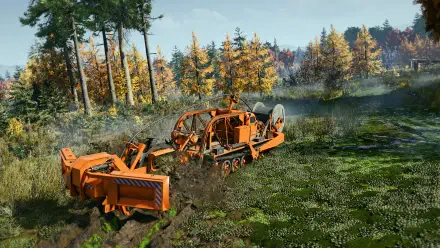 A vibrant HD wallpaper featuring a large orange road construction vehicle working on terrain, surrounded by trees and autumn foliage, inspired by the video game RoadCraft.