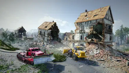 A detailed HD wallpaper from the video game RoadCraft, featuring demolished buildings and construction vehicles amidst a desolate landscape.