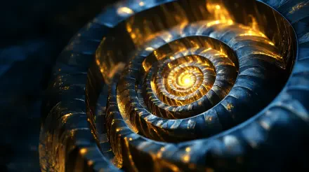 Abstract 4K Ultra HD desktop wallpaper featuring a glowing Fibonacci spiral shell with fractal patterns and a luminous spiral design.
