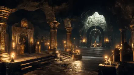 A stunning 4K Ultra HD depiction of a dwarven underground city, featuring ornate pillars, flickering candles, and a grand throne, illuminated by light streaming through rocky formations.