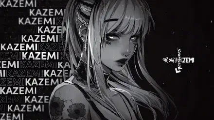 HD PC desktop wallpaper: monochrome anime-style girl with long hair, teary eyes and floral tattoo, repeated KAZEMI text in the background, high-contrast noir aesthetic.