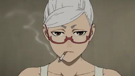 HD PC desktop wallpaper of Seiko Ayase (Dandadan): white‑haired woman with red glasses and cigarette, stern expression as smoke curls around her against a muted background.