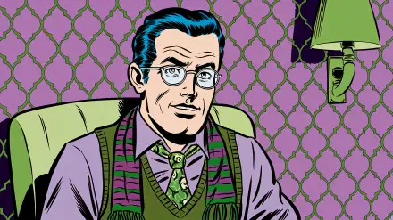 A colorful, retro-style illustration of a bespectacled man in a sweater vest and scarf, set against a vibrant patterned background. This 4K Ultra HD image embodies a geek aesthetic.