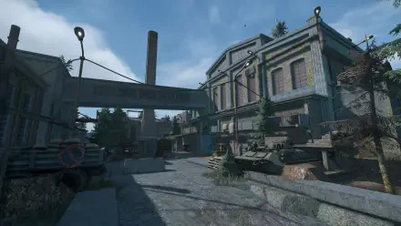 A detailed HD PC desktop wallpaper featuring a post-apocalyptic urban scene from the video game STALCRAFT: X, showcasing weathered buildings and abandoned vehicles under a cloudy sky.