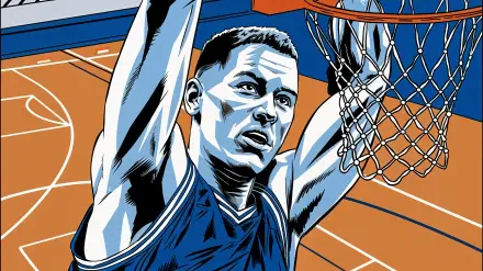 A striking 4K Ultra HD wallpaper featuring a basketball player executing a dramatic dunk, set against a vibrant court background. Perfect for sports enthusiasts.