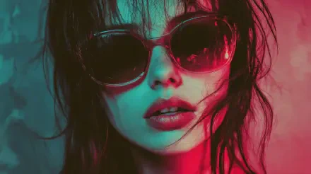 Aesthetic 4K Ultra HD wallpaper featuring a woman with soft grunge style, wearing sunglasses, and styled hair, illuminated by vibrant red and teal hues.