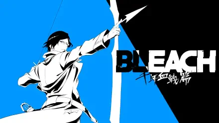 HD PC desktop wallpaper featuring Uryu Ishida from the anime Bleach: Thousand-Year Blood War, with a dynamic blue and black background and the Bleach logo.