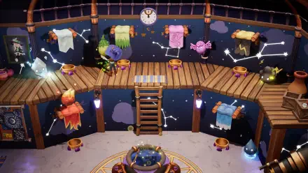 A whimsical scene from the video game Magical Bakery, featuring a colorful magical kitchen with floating fabrics, mystical creatures, and enchanting decor, set against a starry backdrop.