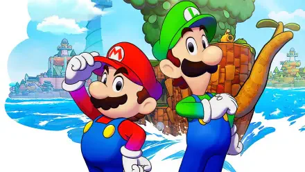 HD wallpaper featuring Mario and Luigi from the video game Mario & Luigi: Brothership, showcasing vibrant colors and a whimsical background of trees and water.