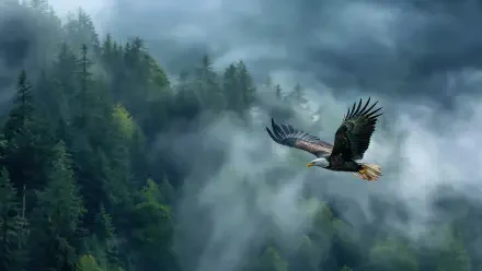An eagle soars gracefully through a foggy landscape, surrounded by lush forests, capturing the beauty of nature in this stunning 4K Ultra HD wallpaper.