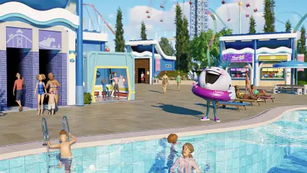 HD PC desktop wallpaper from the video game Planet Coaster 2, depicting a vibrant amusement park scene with visitors enjoying a pool and rides in the background.