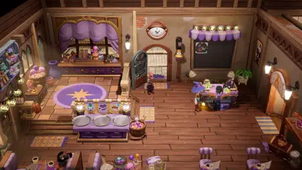 A colorful and whimsical interior of a bakery from the video game Magical Bakery, featuring charming décor, baking stations, and purple accents, set as HD wallpaper for PC desktops.