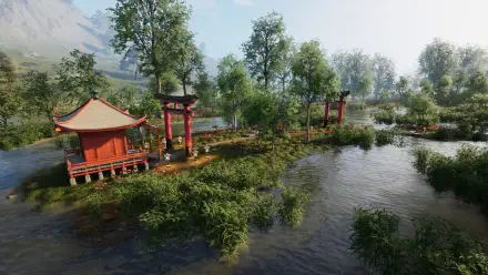 A serene landscape featuring a traditional Asian structure surrounded by lush greenery and water, captured as HD wallpaper for the video game Sengoku Dynasty.