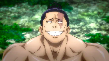 HD anime desktop wallpaper featuring Aoi Todo from Jujutsu Kaisen smiling confidently against a blurred natural background.