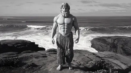 A muscular figure resembling a deity stands on rocky terrain by the sea, with rolling waves in the background, presented in a striking black-and-white 4K Ultra HD desktop wallpaper.