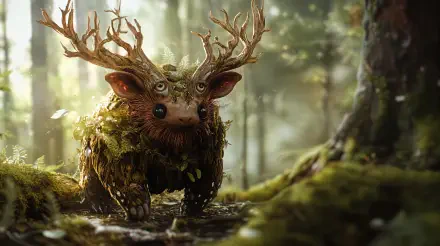 A whimsical woodland creature with antlers and a fur-covered body blends into a lush forest backdrop, showcasing vibrant greenery in rich, detailed 4K Ultra HD quality.