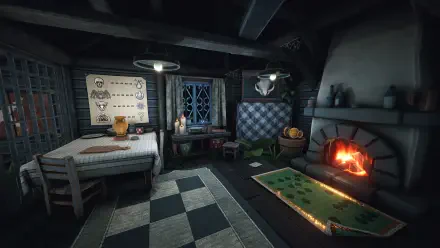 A cozy game-themed interior featuring a glowing fireplace and detailed furnishings, capturing the intriguing atmosphere of Is This Game Trying to Kill Me? in HD.