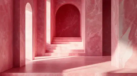 A visually striking 4K Ultra HD wallpaper featuring a pink aesthetic with marble textures, showcasing an elegant interior space with arches and soft lighting.